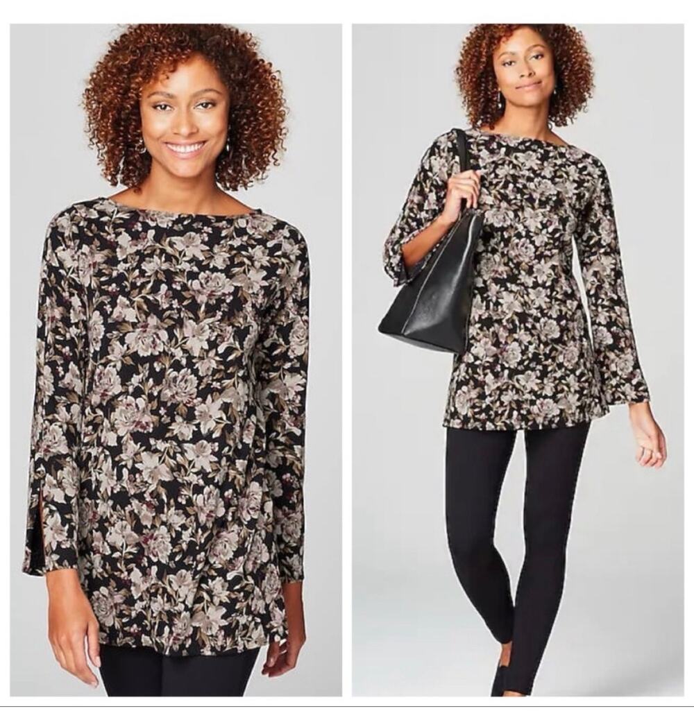 J. Jill Luxe Supima Tunic Womens XL Black Plum Floral Split-Sleeve Knit Top